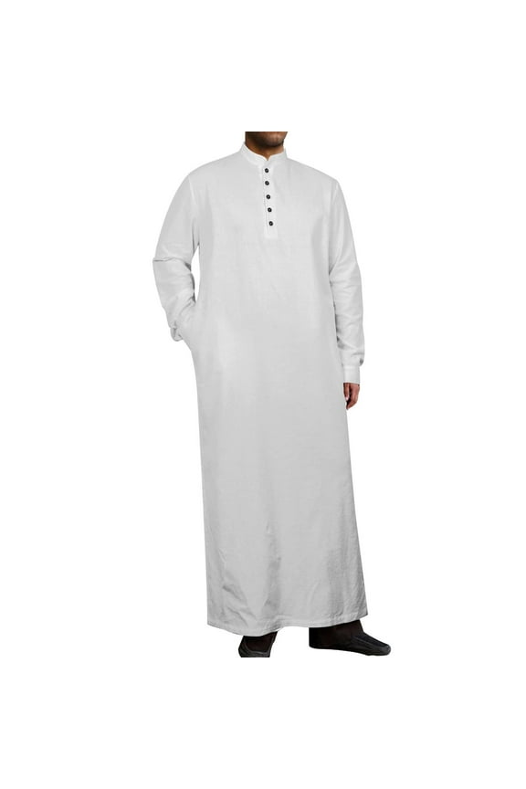 Men Leisure Long Sleeve Button Robe Mens Caftans Big and Tall Mens Middle Ethnic Style Casual Robe with Pocket White S