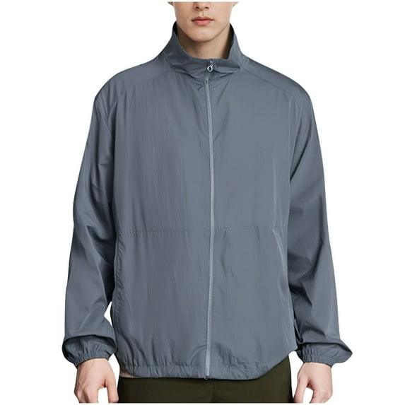 JGGSPWM Men's Big and Tall Summer Solid Color Breathable Zipper Pocket Sun Protection Clothes Outdoor UV Sports Jacket Top Coat Gray XXXXXL