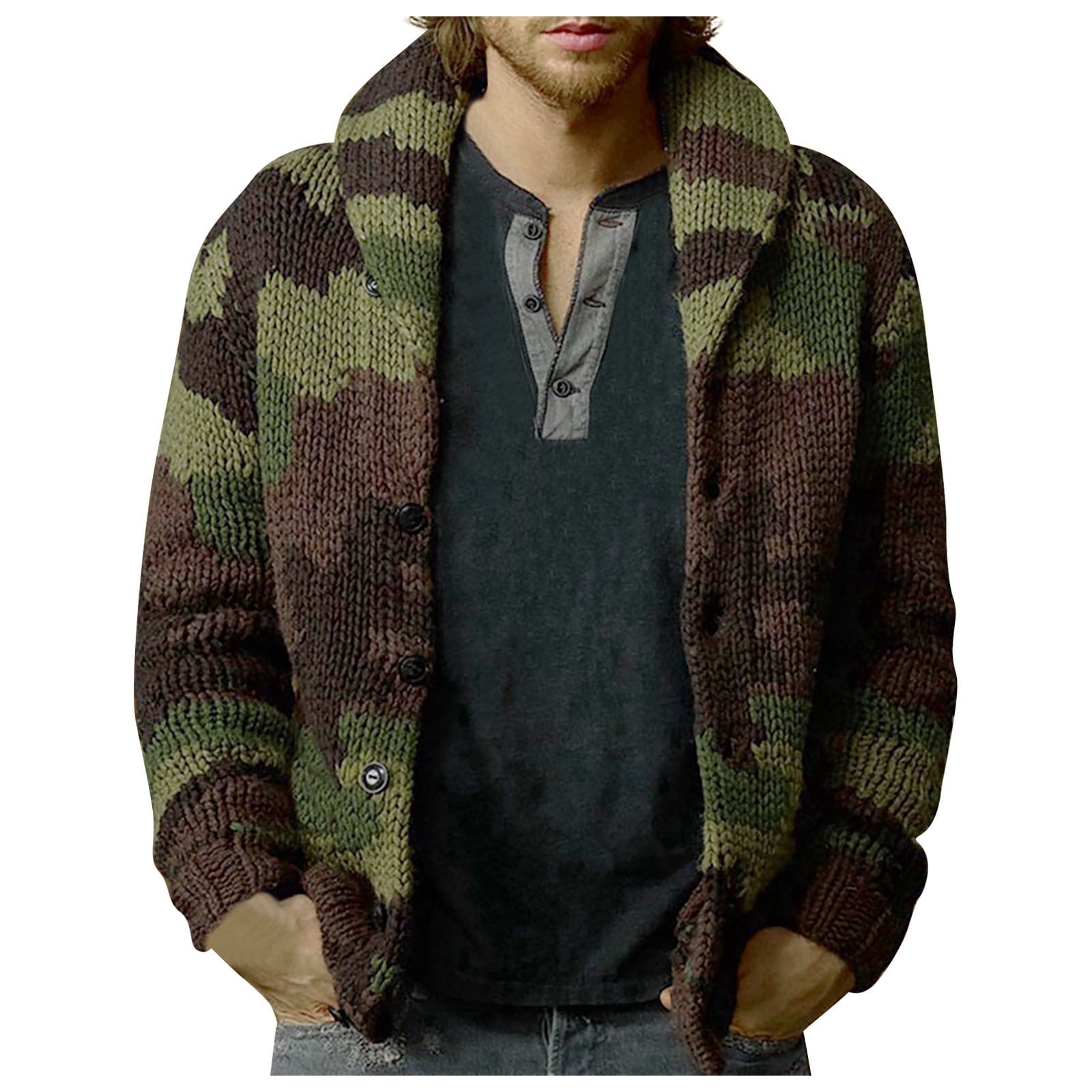 JGGSPWM Men's Camo Shawl Collar Cardigan Sweater Slim Fit Button Down
