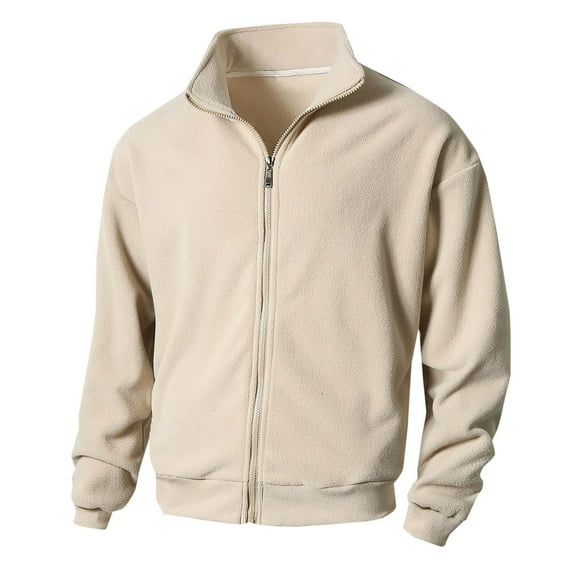 JGGSPWM Men's Fleece Full Zip Cardigan Sweatshirt with Long Sleeves and Stand Up Collar Lightweight Casual Jacket for Thermal Winter Wear Beige