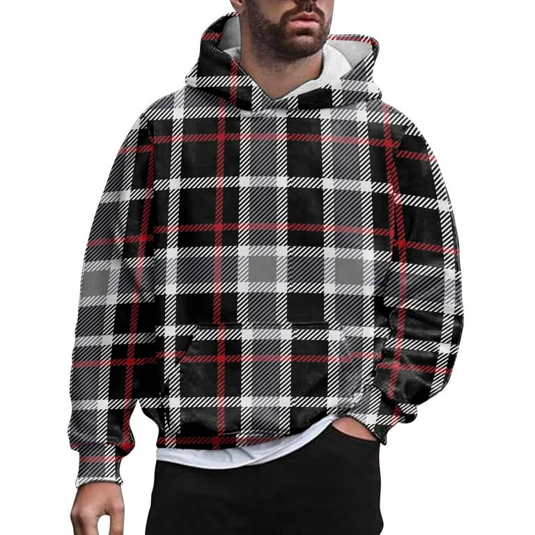 JGGSPWM Men's Hoodies Big and Tall Plaid Hooded Sweatshirts