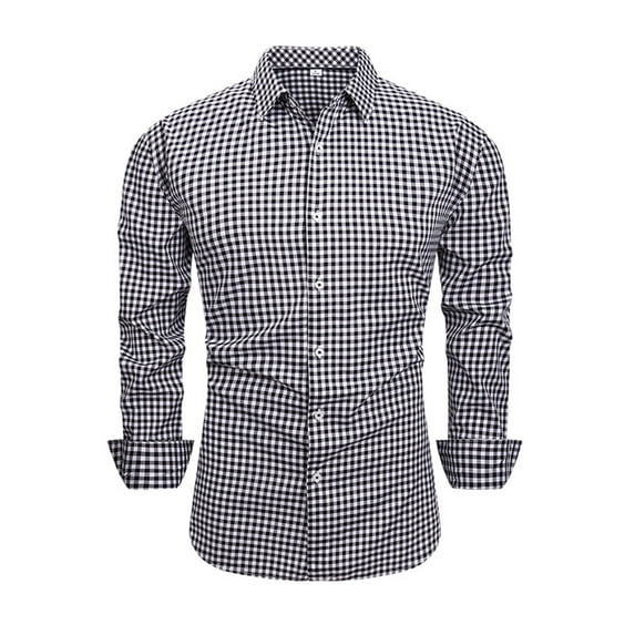 JGGSPWM Men's Plaid Button Down Shirts Fashion Casual Cotton Long Sleeve Dress Shirts Regular Fit Gingham Lapel Shirts Black XL