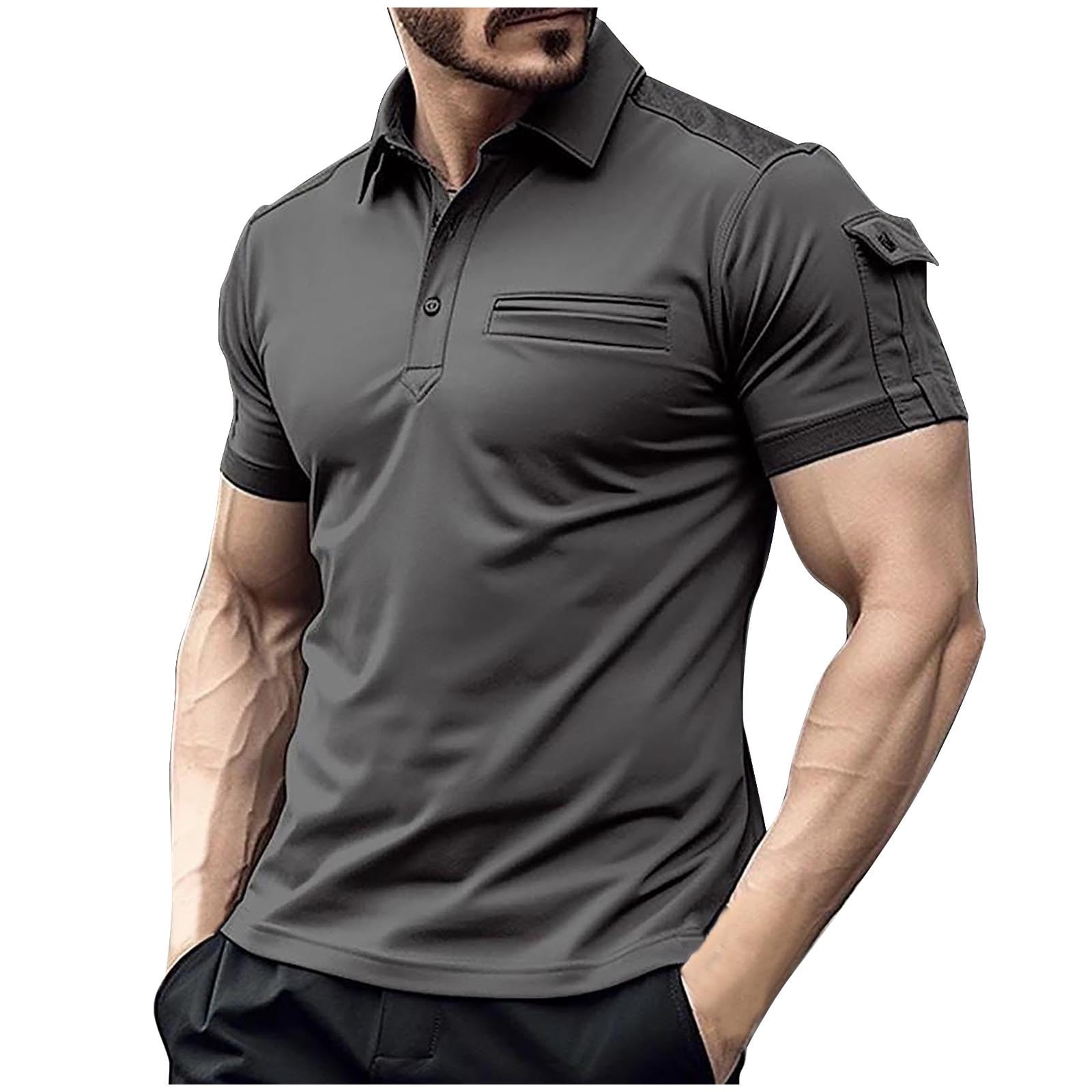 JGGSPWM Men's Shirts Shoulder Flap Pocket Decor Button Up Henley Shirt  Lapel Collar Casual Shirts Short Sleeve Dress Shirt for Summer Dark Blue L
