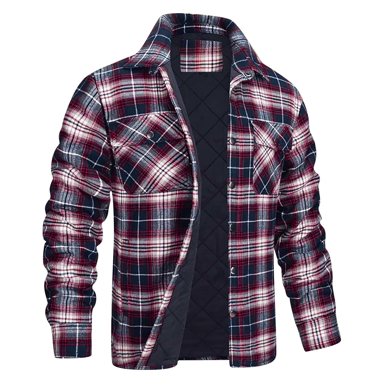 JGGSPWM Men's Thicken Plaid Hooded Flannel Shirt Jacket with Quilted ...