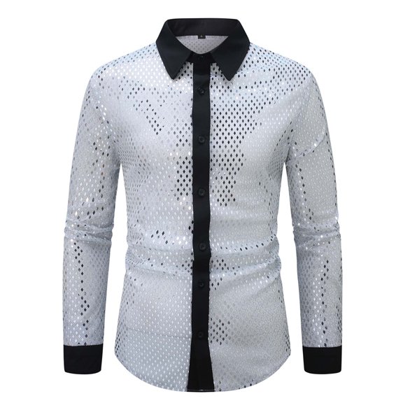 JGGSPWM Mens 70s Disco Shirt Long Sleeve Button Turndown Collar Shirt Blouse Party Nightclub Prom Sequins Top White XXL