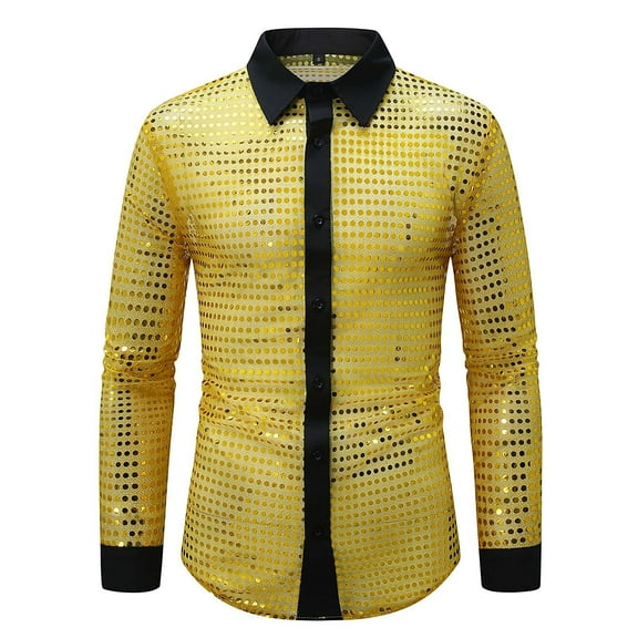 JGGSPWM Mens 70s Disco Shirt Long Sleeve Button Turndown Collar Shirt Blouse Party Nightclub Prom Sequins Top Yellow XXL