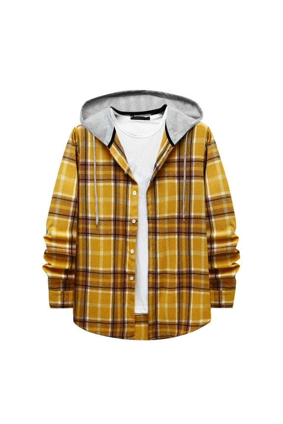 Mens Buffalo Plaid Shirt Hooded Flannel Blouse Plaid Hoodies Long Sleeve Casual Jacket Coat Drawstring Button Down Fall Spring Outwear Tops Sweatshirts Yellow M