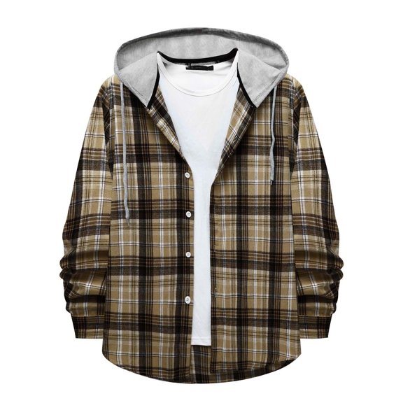 JGGSPWM Mens Buffalo Plaid Shirt Hooded Flannel Blouse Plaid Hoodies Long Sleeve Casual Jacket Coat Drawstring Button Down Fall Spring Outwear Tops Sweatshirts Khaki XXL