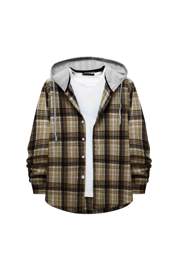 Mens Buffalo Plaid Shirt Hooded Flannel Blouse Plaid Hoodies Long Sleeve Casual Jacket Coat Drawstring Button Down Fall Spring Outwear Tops Sweatshirts Khaki XL