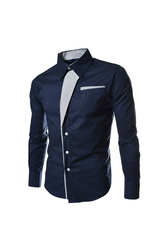 Mens Button Down Dress Shirt Formal Shirts Relaxed Fit Lapel Turndown Collar Cuff Long Sleeve Color Block Patchwork Casual Button down Shirts Navy L
