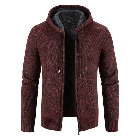 JGGSPWM Mens Crewneck Drawstring Hooded Solid Fleece Lined Knit Sweater Casual Long Sleeve Fall Classic Fit Jumper Wine L