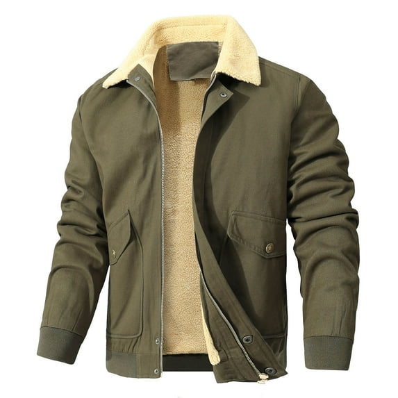 JGGSPWM Mens Fleece Collar Zipper Button Solid Jacket V Neck Sherpa Lined Coat Coat Army Green M