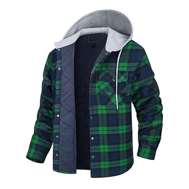JGGSPWM Mens Plaid Quilted Lined Flannel Jacket Casual Drawstring ...