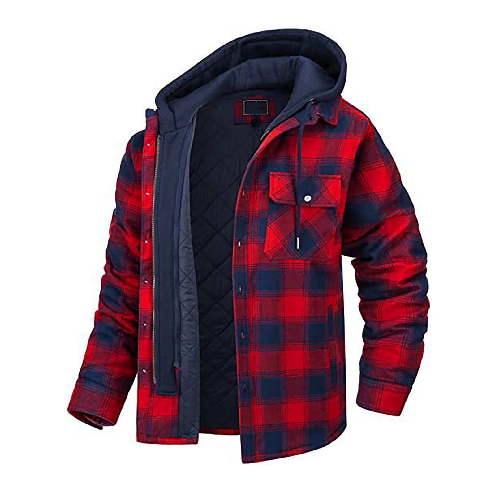 JGGSPWM Mens Plaid Quilted Lined Flannel Jacket Casual Drawstring ...