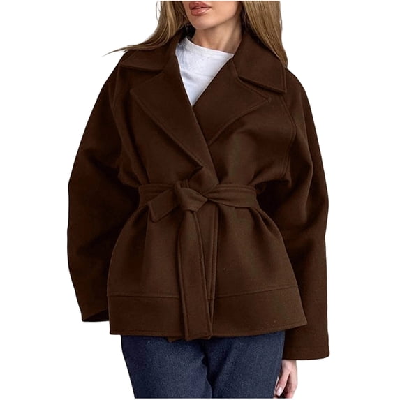 JGGSPWM Mid Length Peacoat for Women Elegant Loose Notched Lapel Breasted Long Sleeve Hoodless Casual Outwear Jacket Brown M