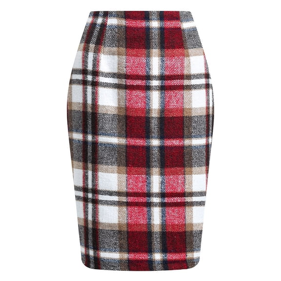 JGGSPWM Midi Plaid Skirts for Women 2025 Fall Winter High Waist Tight Knee Length Pencil Woolen Skirt Red XL