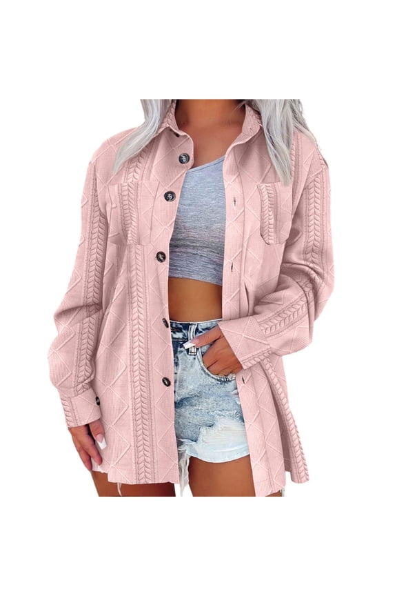 Oversized Shacket Jacket for Women Button Down Shirt Cable Textured Casual Solid Color Long Sleeve Loose Jacket Pink S