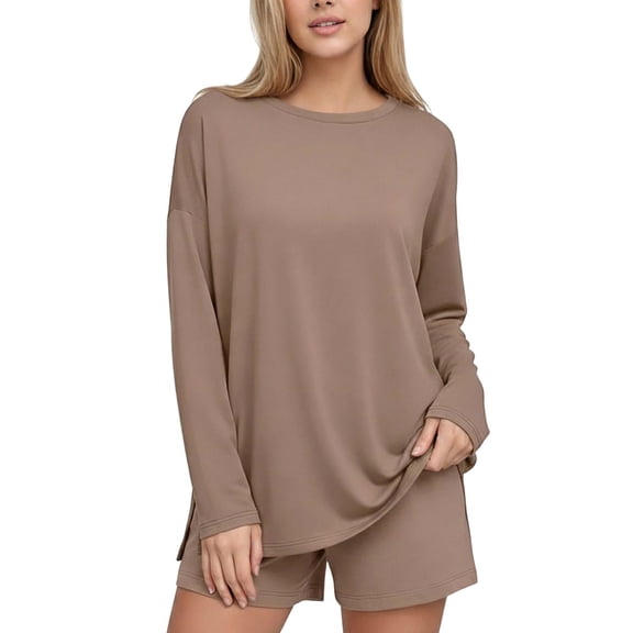 JGGSPWM Oversized Side Slit Tshirts for Women Long Sleeve Workout Tops Fall Fashion Gym Casual Loose Tees Basic Y2K Clothes Beige L