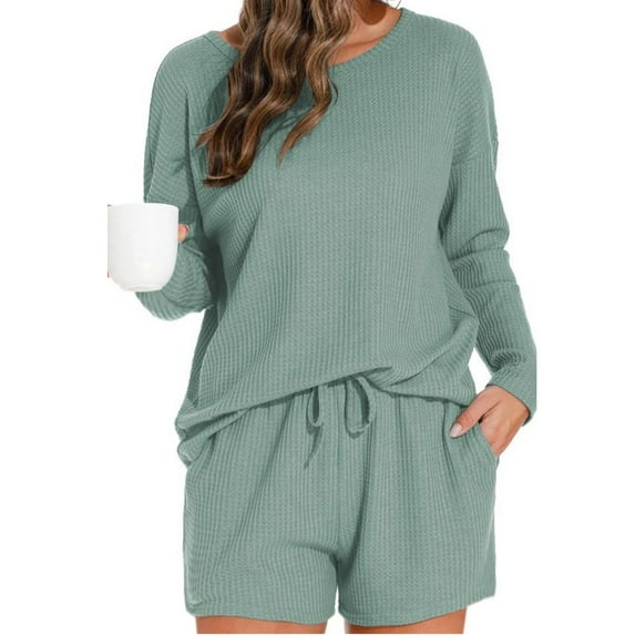 JGGSPWM Pajamas Set for Women Waffle Knit Lounge Set 2 Piece Loungewear Long Sleeve Top and Shorts Solid Sweatsuit with Pocket Green L