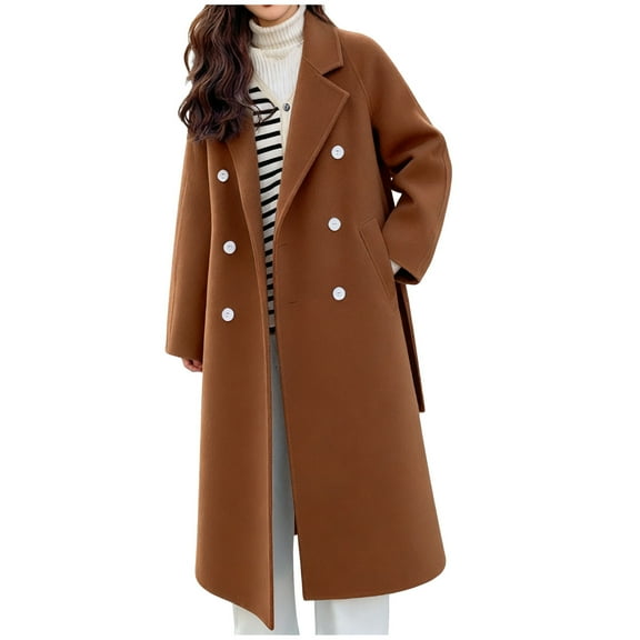 JGGSPWM Pea Coats For Women Winter Classic Notch Lapel Double Breasted Trench Coat Woolen Blend Long Sleeve Overcoat Brown XXL