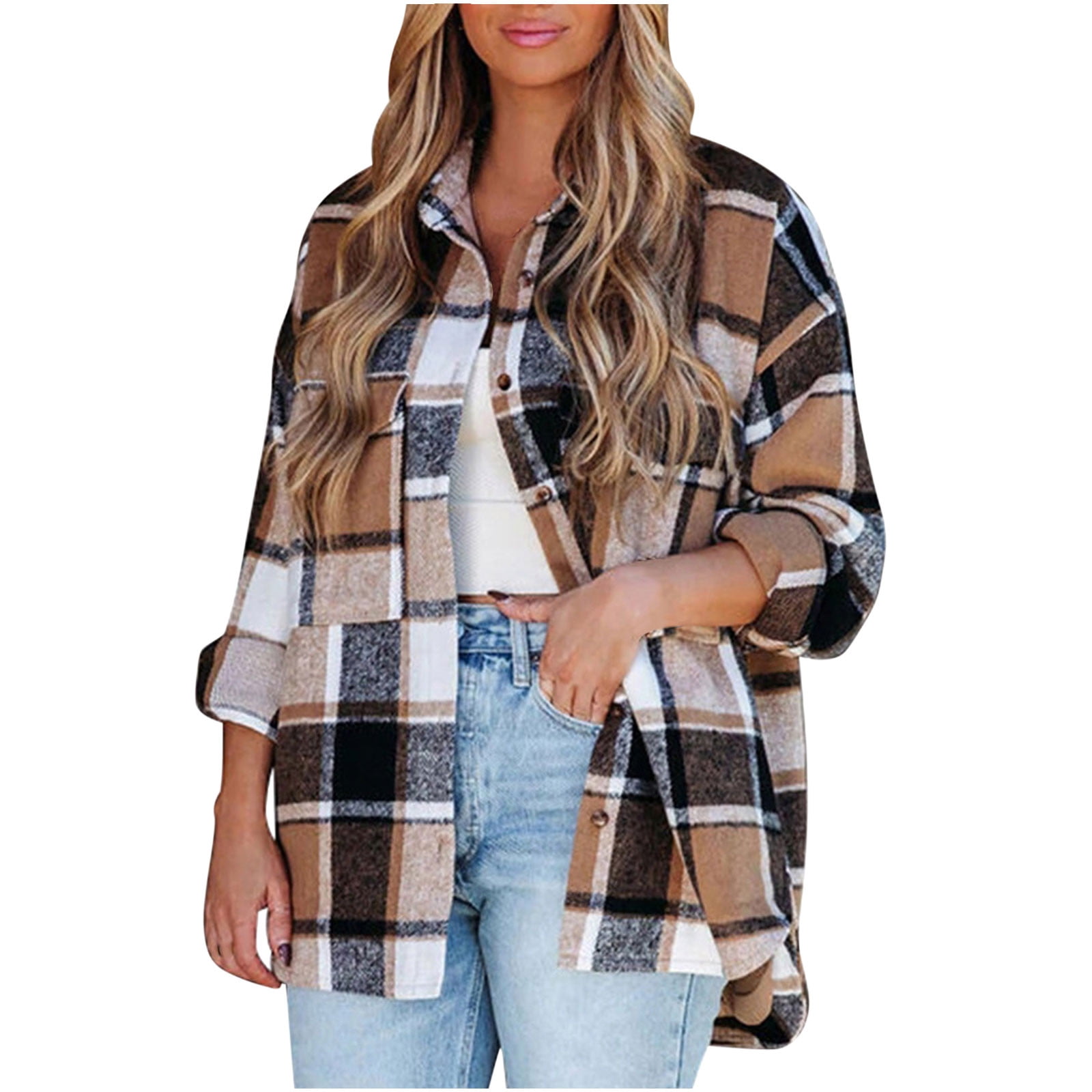 JGGSPWM Plaid Flannel Shirt for Women Oversized Long Sleeve Button Down  Shirts Casual Loose Blouse Tops Fall Outwear Spring Clothing Hot Pink L 