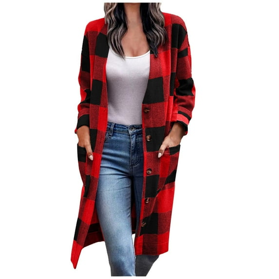 JGGSPWM Plaid Shacket Jacket Women Flannel Shirts Color Block Long Sleeve Button Down Tops Buffalo Plaid Trench Coats Red M