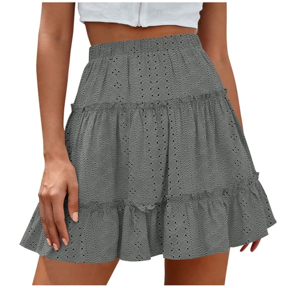 JGGSPWM Pleated Mini Skirt for Women High Waist Flowy Ruffle Layered Flared Trendy Spring Summer Short Eyelet Solid A Line Skirts Gray M