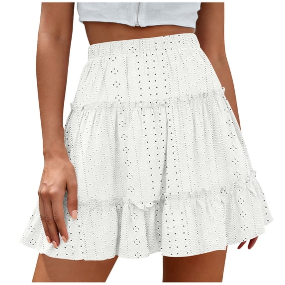JGGSPWM Pleated Mini Skirt for Women High Waist Flowy Ruffle Layered Flared Trendy Spring Summer Short Eyelet Solid A Line Skirts White XL