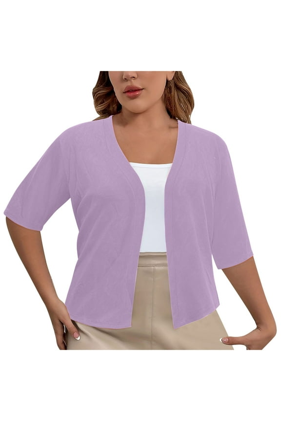 Plus Size Cardigan for Women Casual Open Front Shrug Bolero Elbow Sleeve Cropped Jackets Summer Solid Half Sleeve Lightweight Purple 4XL