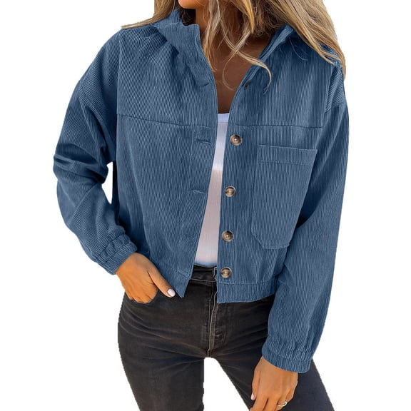 JGGSPWM Plus Size Corduroy Shirt for Women Hooded Solid Color Oversize Button Down Long Sleeve Loose Shacket Jacket Outwear Blue M