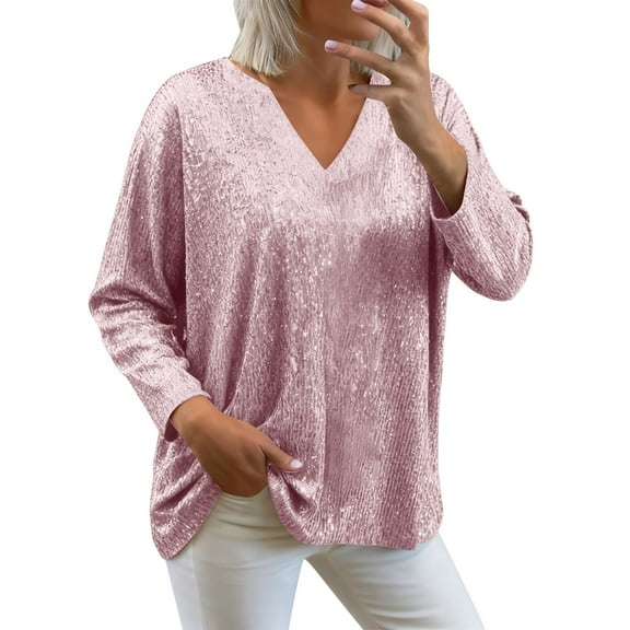 JGGSPWM Plus Size Glitter Tops for Women Long Sleeve V Neck Shirts Sparkling Sequins Tops for Evening Cocktail Weddings Pink XXL