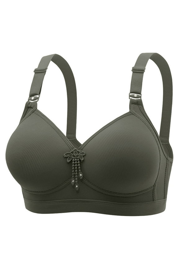 Plus Size No-Wire Bra, Wide Straps, Full Coverage, Adjustable Back, Breathable Fabric, Lace Details, Pendant Decoration Army Green 46/105