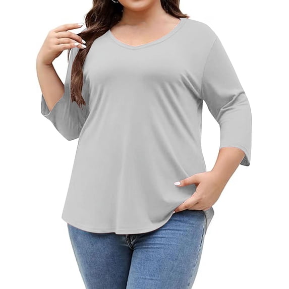 JGGSPWM Plus Size Shirts for Women Solid V Neck 3/4 Sleeve Tops Casual Three Quarter Length Spring Blouses Dressy Loose Tunic Tops Gray XXL