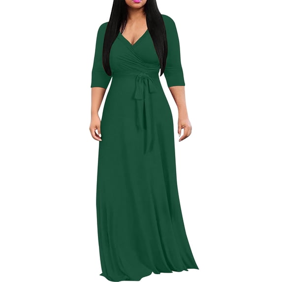 JGGSPWM Plus Size Solid Color V-neck Waist Maxi Dress for Women Spring and Autumnr Casual 3/4 Sleeve Flowy Long Dress Green L