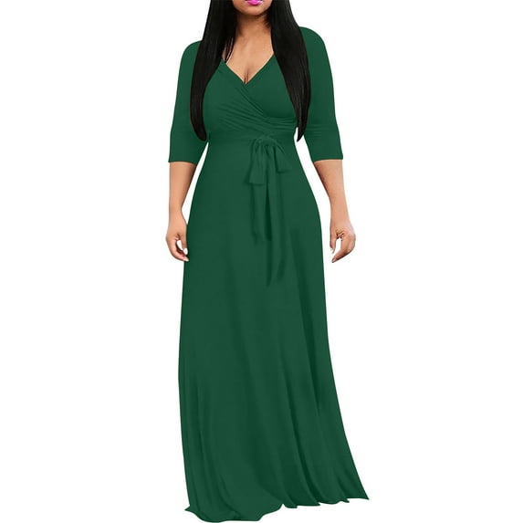 JGGSPWM Plus Size Solid Color V-neck Waist Maxi Dress for Women Spring and Autumnr Casual 3/4 Sleeve Flowy Long Dress Green XL