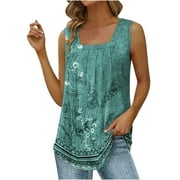 JGGSPWM Plus Size Square Neck Tank Tops for Women Floral Blouse Classic Basic Tunic Sleeveless Shirts Tshirts Dressy Casual Vest 1-Large Size Blue XXXXXL