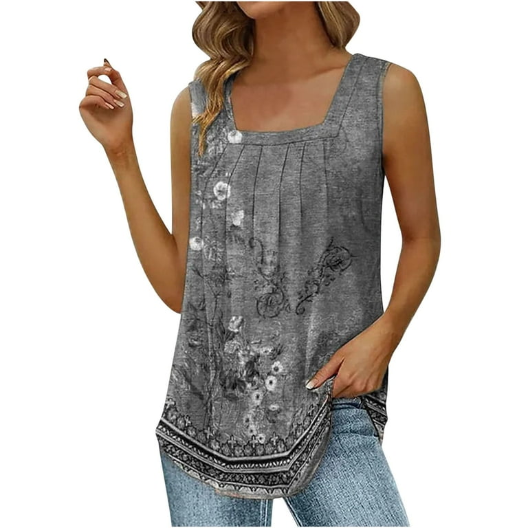 JGGSPWM Plus Size Square Neck Tank Tops for Women Floral Blouse Classic Basic Tunic Sleeveless Shirts Tshirts Dressy Casual Vest 1 Large Size Gray L Walmart