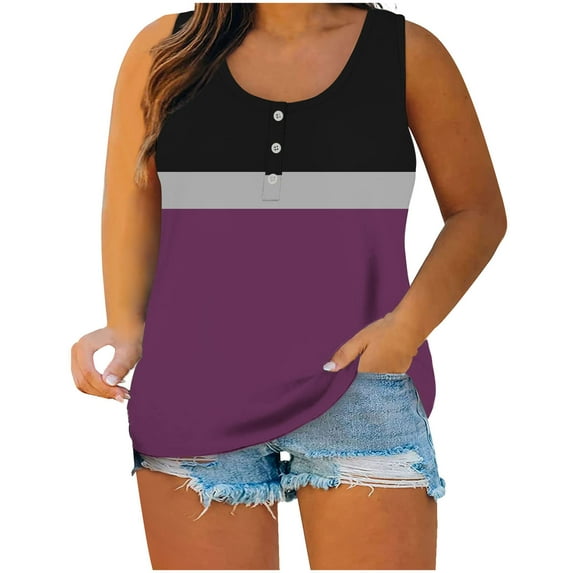 JGGSPWM Plus Size Tank Tops for Women Summer Sleeveless Henley Casual Button Down Tunics T Shirts Purple 3XL