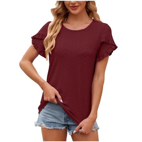 JGGSPWM Plus Size Women's Summer Ruffle Sleeve V-Neck Casual Tops Loose Fit Blouse Wine M