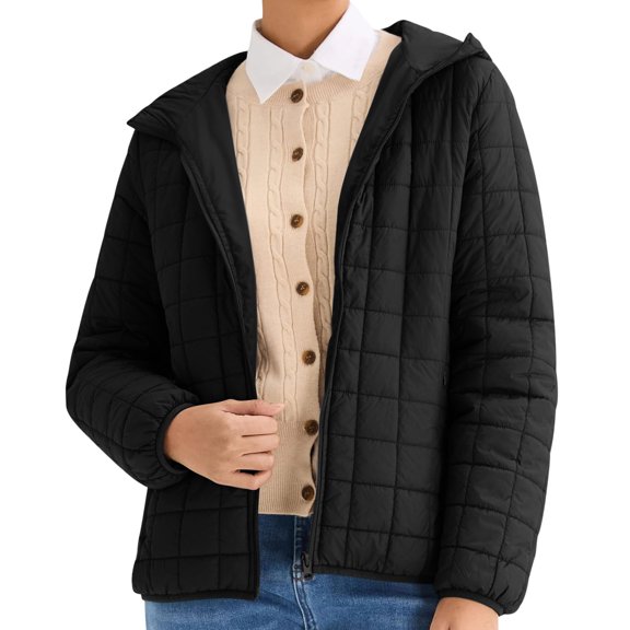 JGGSPWM Puffer Jacket Women Lightweight Zip Up Padded Hooded Coat With Pockets Long Sleeve Cropped Puffy Outerwear Black M