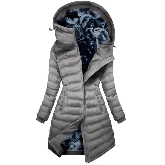 JGGSPWM Puffer Jacket Womens Winter Quilted Coat Thicken Fleece Lined Down Parka Long Puffer Jackets with Hooded Warm Outerwear Gray M