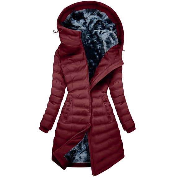 JGGSPWM Puffer Jacket Womens Winter Quilted Coat Thicken Fleece Lined Down Parka Long Puffer Jackets with Hooded Warm Outerwear Red L