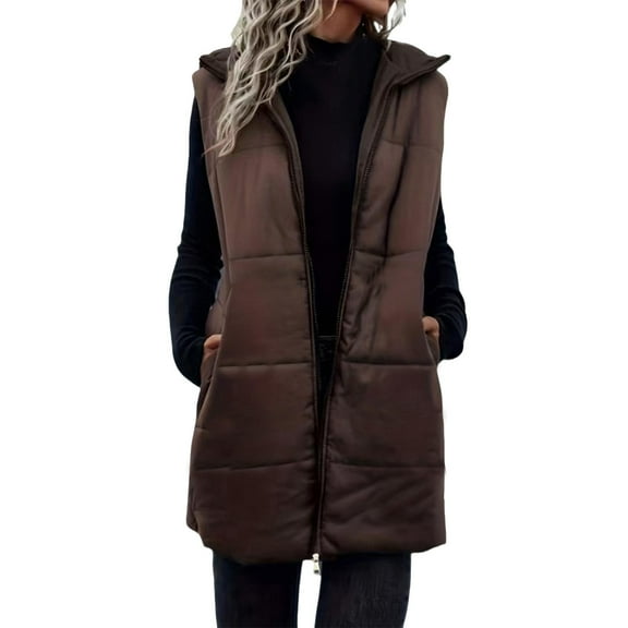 JGGSPWM Puffer Vest Women Sleeveless Winter Long Outerwear Warm Puffy Lightweight Stand up Collar Down with Pockets Brown XL
