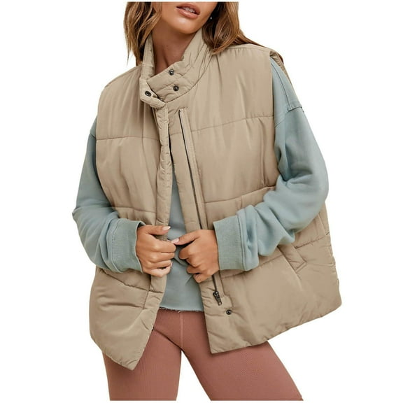 JGGSPWM Puffer Vest Women Zip Up Stand Collar Sleeveless Down Vests Fall Winter Oversized Padded Gilet Jacket Yellow L