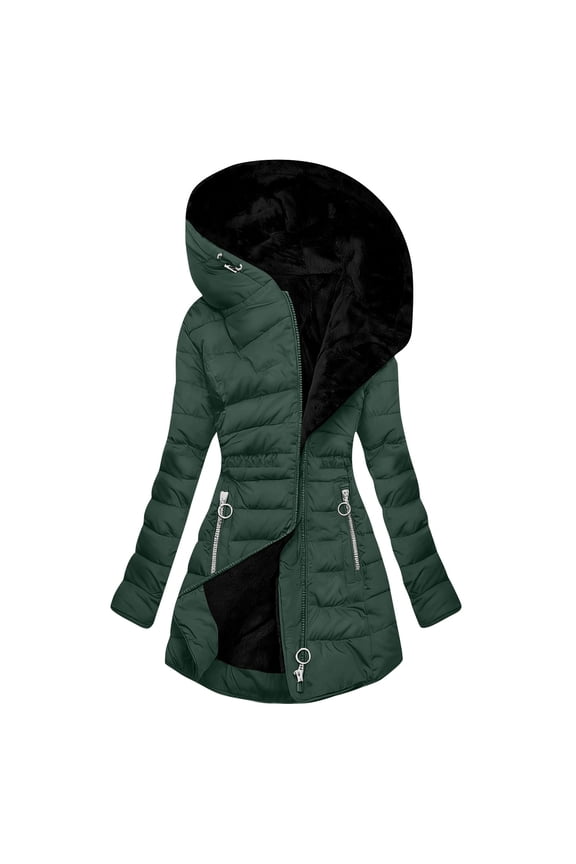 Quilted Jackets for Women Long Thicken Puffer Jacket Fleece Lined Winter Coats Hooded Waist-cinching Coat with Zip Pockets Green XXL