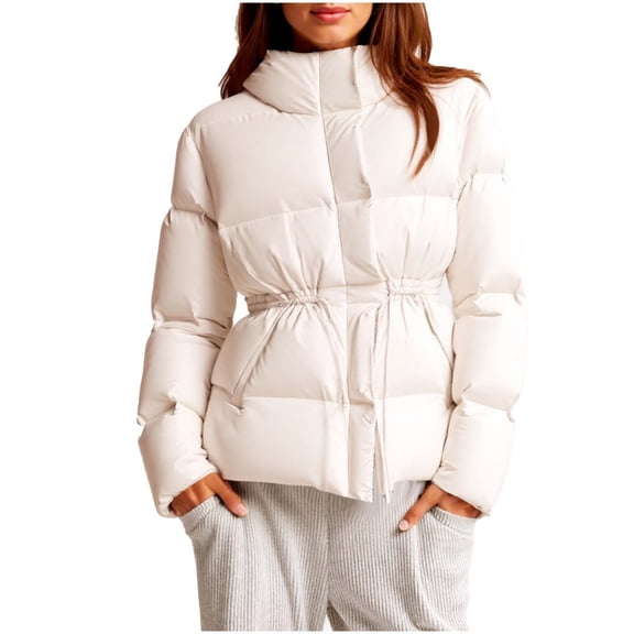 JGGSPWM Quilted Puffer Jackets for Women Stand Collar Warm Winter Coats Thicken Padded Down Outerwear with Adjustable Waist White XS