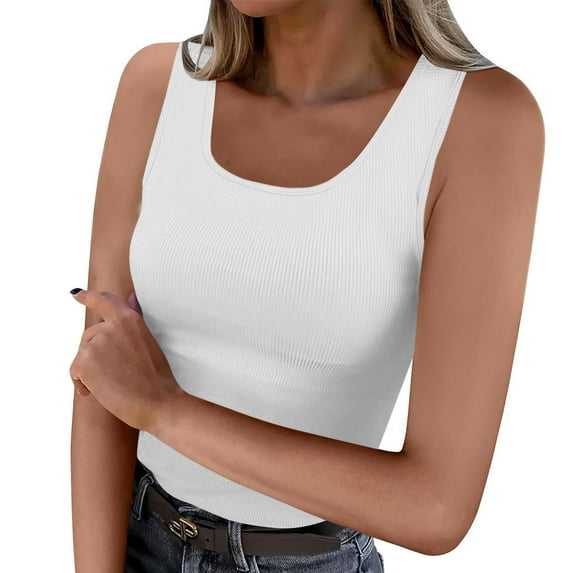 JGGSPWM Ribbed Scoop Neck Tank Tops for Women Sleeveless Summer Fitted Cute Tops White L