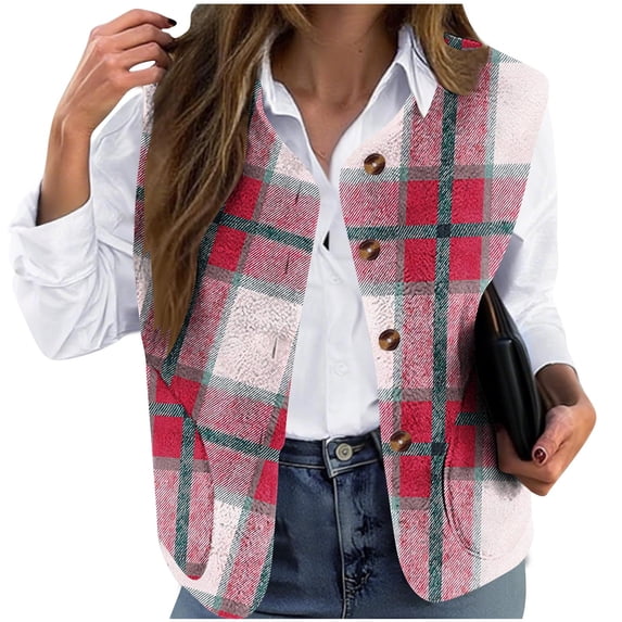 JGGSPWM (S-5XL) Big and Tall Women's Casual Warm Fleece Vest Winter Plaid Print Loose Collarless Button-Up Jacket Red XL