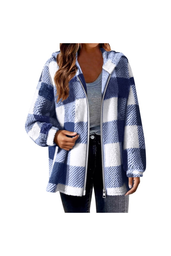 (S-5XL) Big and Tall Womens Fleece Hooded Jacket Full Zipper Hoodie Pullover Sherpa Sweater Fluffy Plaid Coat Outwear Blue M