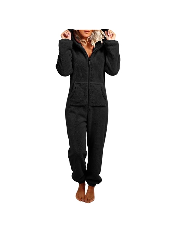 (S-5XL) Plus Size Onesie Pajamas for Women Fuzzy Fleece Casual Winter Warm Soft Comfortable Lounge Romper Loungewear Black XXXXXL